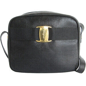 Salvatore Ferragamo Vara Crossbody Shoulder Bag Embossed Leather Black Gold